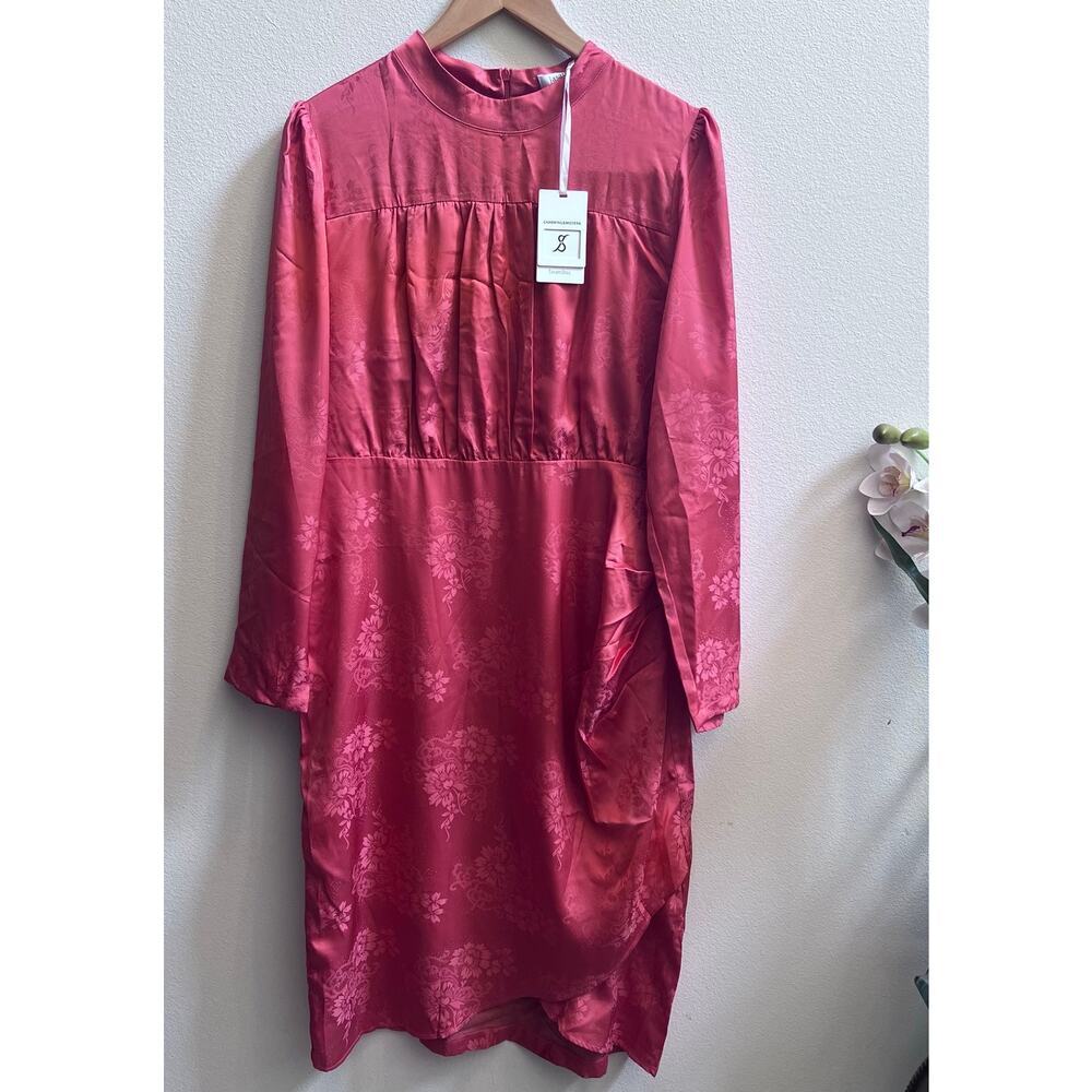 NEW Jasambac Satin Gathered Bust Floral‎ Midi Dress Long Sleeve Women's Size 14